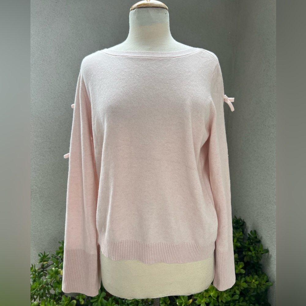 Saks Fifth Ave cashmere wool sweater soft pink bow open bell sleeves Sz XL NWT